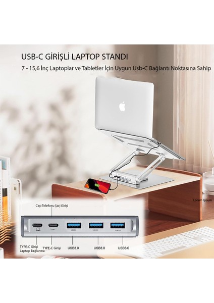 360° Döner Alüminyum Laptop Standı Ergonomik ve Portatif Tasarım USB Type-C Port Dayanıklı ve Sağlam