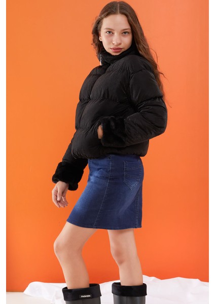 Siyah Dik Yaka Kolu Kürk Detaylı Kız Çocuk Şişme Mont 19505 modelleri