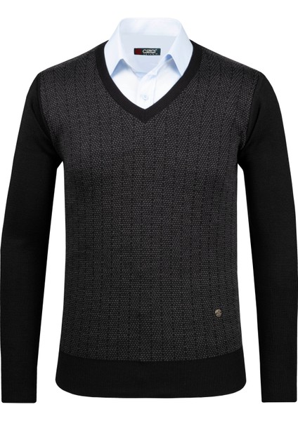 Erkek V Yaka Triko Kazak Desenli Kol ve Bel Lastikli Çelik Örgü Klasik Kalıp - 5007D