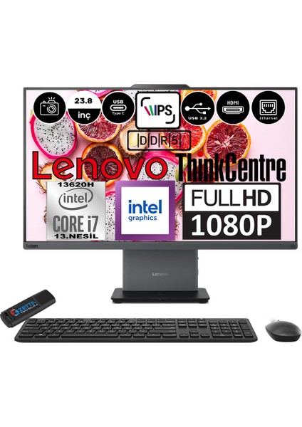 Thinkcentre Neo 24 50A Gen5 Intel Core I7 13620H 64GB Ddr5 512GB SSD Windows 11 Home Intel® UHD Graphics 23.8" Fhd All In One Bilgisayar 12SC000KTRH12 + Zetta Flash Bellek