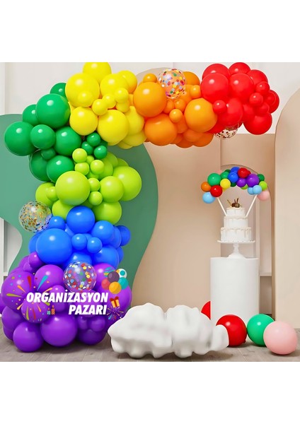 Balon Seti Mor-Mavi-Fıstık Yeşili-Yeşil-Turuncu-Kırmızı-Sarı 100 Lü Balon Zinciri Seti