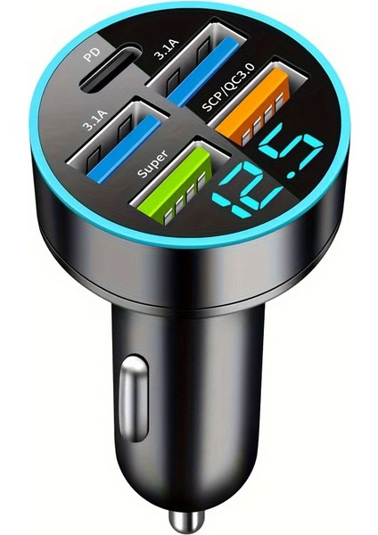 5 Port USB Süper Hızlı Şarj Akıllı Telefon Şarj Algılama Dijital Ekran Araç Adaptörü Cep Telefonu Şarj Cihazı (Yurt Dışından)