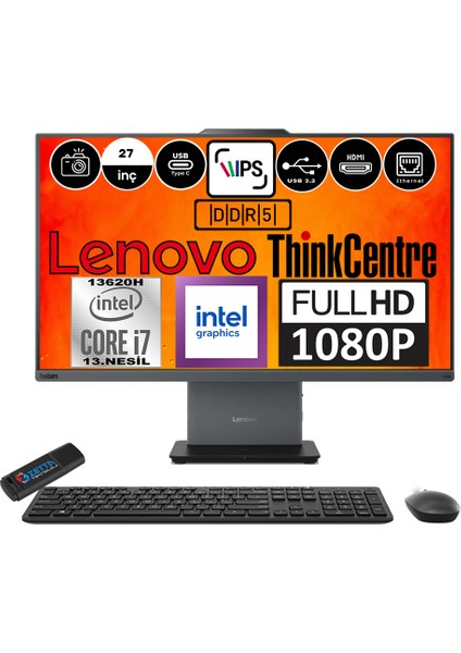 Thinkcentre Neo 27 50A Gen5 Intel Core I7 13620H 32GB Ddr5 1tb SSD Windows 11 Pro Intel® UHD Graphics 27" Fhd All In One Bilgisayar 12SA000RTRP08 + Zetta Flash Bellek