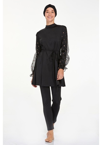 4557 Siyah Likralı Şifon Kol Detaylı Tam Kapalı Tesettür Mayo Takımı