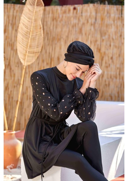 4557 Siyah Likralı Şifon Kol Detaylı Tam Kapalı Tesettür Mayo Takımı fiyatları