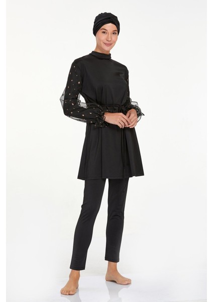 4557 Siyah Likralı Şifon Kol Detaylı Tam Kapalı Tesettür Mayo Takımı fırsatları