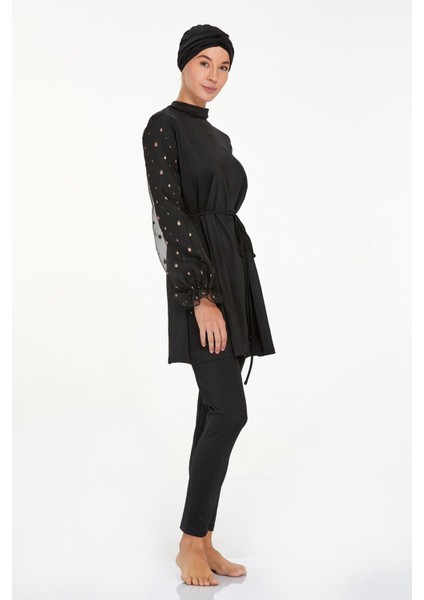 4557 Siyah Likralı Şifon Kol Detaylı Tam Kapalı Tesettür Mayo Takımı indirimleri