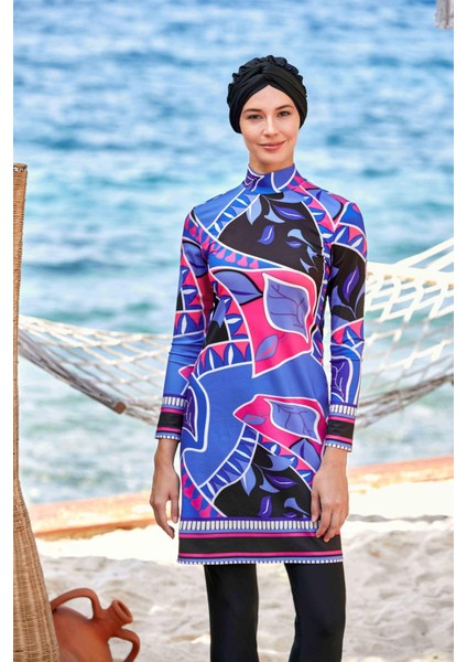 4504 Siyah Yaprak Desenli Tam Kapalı Tesettür Mayo