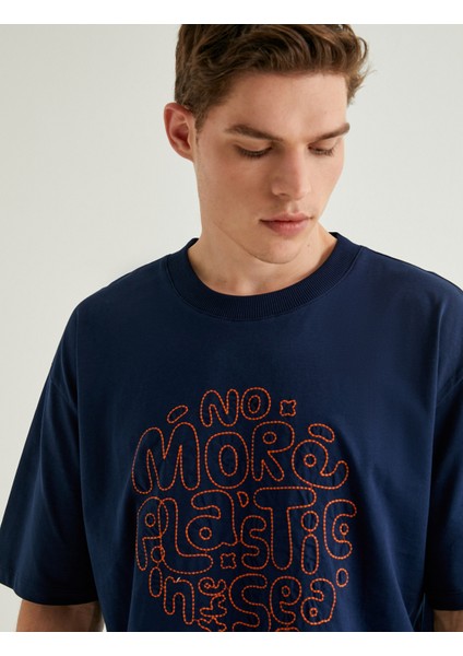 Oversize Tişört Slogan Baskılı Kısa Kollu Bisiklet Yaka