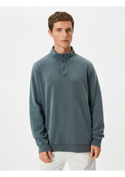 Yıkamalı Sweatshirt Dik Yaka Düğme Detaylı Pamuklu modelleri