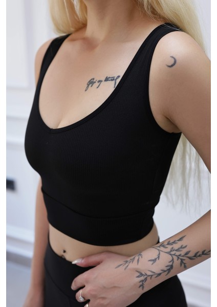 V Yaka Fitilli Crop Büstiyer Siyah