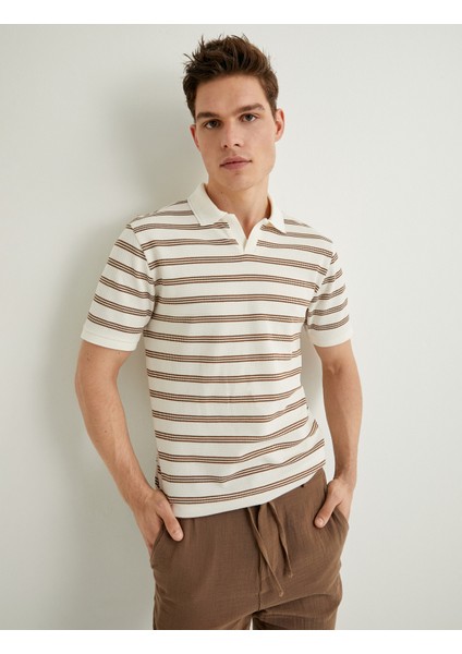 V Yaka Polo Tişört Dokulu Kısa Kollu Pamuklu