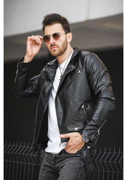 Castries Yandan Fermuarlı Kemerli Slim Fit Erkek Deri Ceket