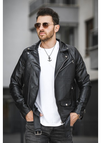 Castries Yandan Fermuarlı Kemerli Slim Fit Erkek Deri Ceket fırsatları