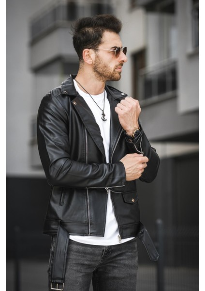 Castries Yandan Fermuarlı Kemerli Slim Fit Erkek Deri Ceket indirimleri