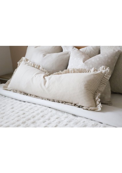 Fırfırlı Vintage Naturel Bej Çizgili Iskandinav Uzun 40X100 Kırlent Yastık (Içi Dolgulu)