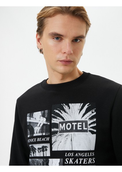 Bisiklet Yaka Sweatshirt Slogan Baskılı Uzun Kollu