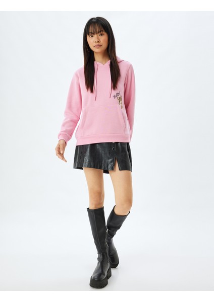 Kapüşonlu Oversize Sweatshirt Kedi Işlemeli Cep Detaylı Şardonlu