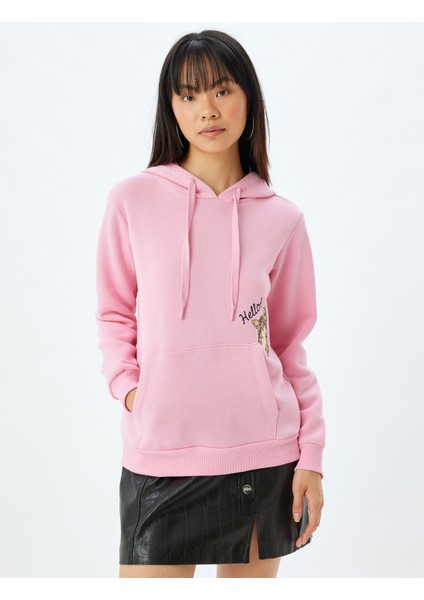 Kapüşonlu Oversize Sweatshirt Kedi Işlemeli Cep Detaylı Şardonlu