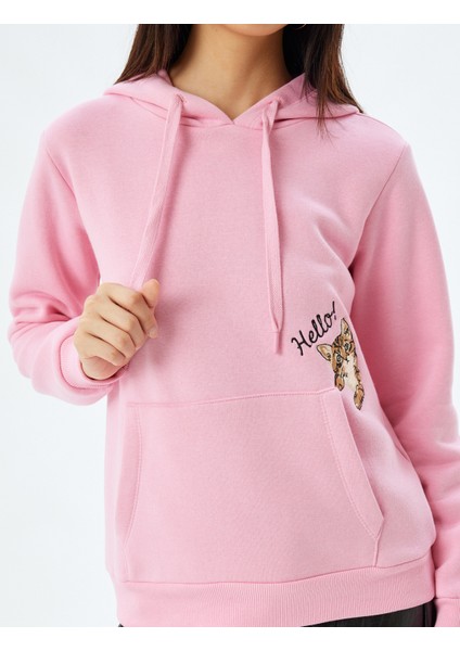 Kapüşonlu Oversize Sweatshirt Kedi Işlemeli Cep Detaylı Şardonlu