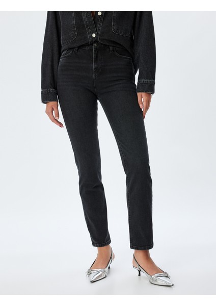 Yüksek Bel Kot Pantolon Slim Fit Düz Paça Düğmeli Pamuklu - Slim Straight Fit Jean modelleri
