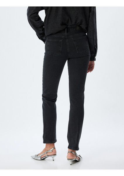 Yüksek Bel Kot Pantolon Slim Fit Düz Paça Düğmeli Pamuklu - Slim Straight Fit Jean fırsatları