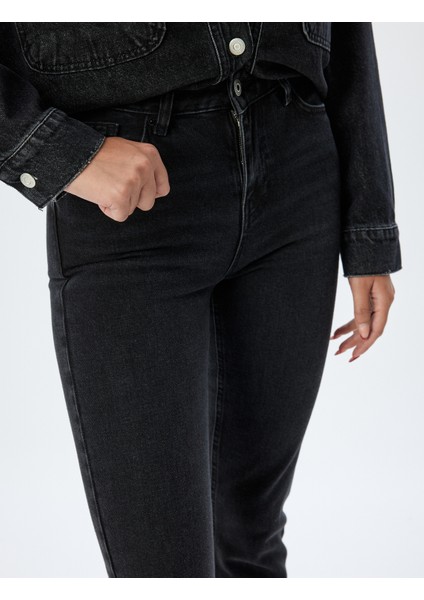 Yüksek Bel Kot Pantolon Slim Fit Düz Paça Düğmeli Pamuklu - Slim Straight Fit Jean indirimleri