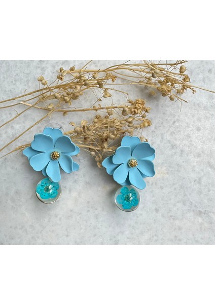 Mavi Çiçekli Sallantılı Küpe