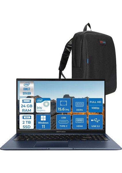 Vivobook 15 X1504VA Intel Core I7 1355U 24GB 2tb SSD Intel Iris Xᵉ Graphics 15.6'' Fhd Windows 11 Pro Taşınabilir Bilgisayar NJ426WP09 + Zettaçanta