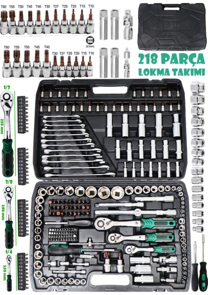 218 Parça Lokma Seti: Tam Profesyonel 72 Diş Eğik Cırcır, Oto Tamirci Full Set 1/2-1/4-3/8