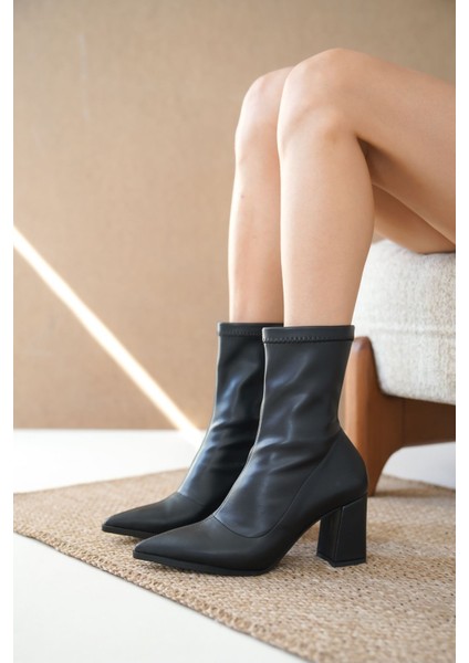 Kadın Cooper Kalın Topuklu Streç Bot Siyah-Deri