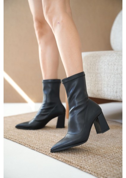 Kadın Cooper Kalın Topuklu Streç Bot Siyah-Deri fiyatları