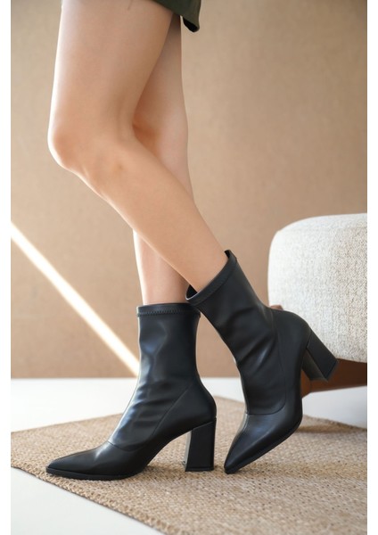 Kadın Cooper Kalın Topuklu Streç Bot Siyah-Deri modelleri