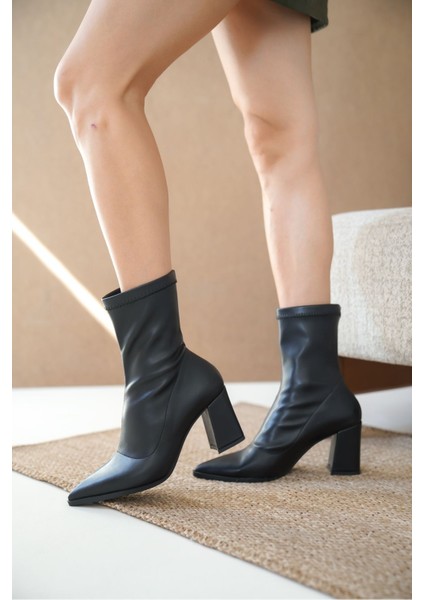 Kadın Cooper Kalın Topuklu Streç Bot Siyah-Deri indirimleri