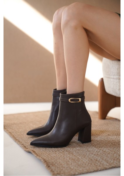 Kadın London Kalın Topuklu Tokalı Bot Siyah-Deri