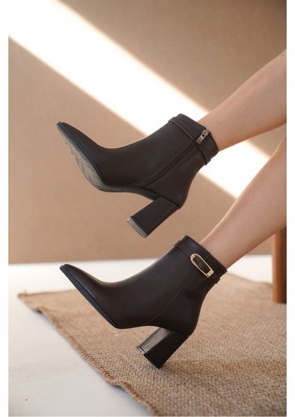 Kadın London Kalın Topuklu Tokalı Bot Siyah-Deri fiyatları