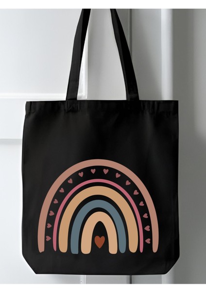Siyah Kanvas, Bohem Rainbow Gökkuşağı Tote Bag Bez Çanta, Kanvas Çanta, Shopper Bag