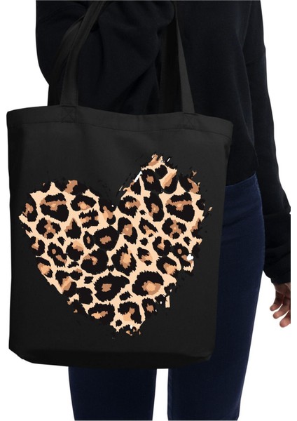 Leopar Siyah Kanvas Kalın Tote Bag, Shopper Bag, Omuz Çantası, Leopar Çanta