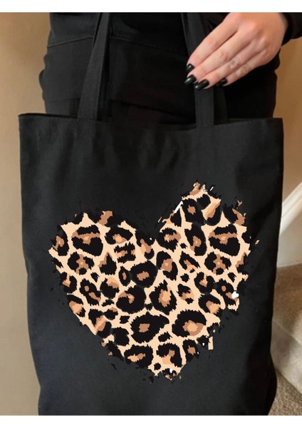 Leopar Siyah Kanvas Kalın Tote Bag, Shopper Bag, Omuz Çantası, Leopar Çanta fiyatları