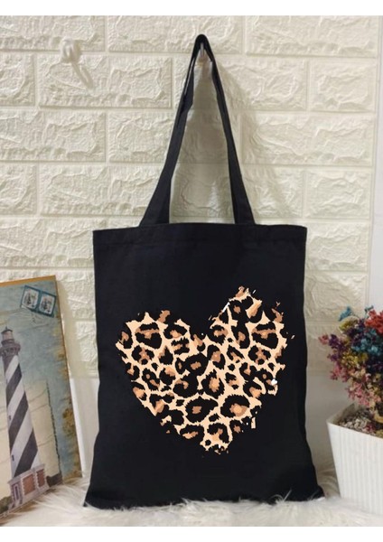 Leopar Siyah Kanvas Kalın Tote Bag, Shopper Bag, Omuz Çantası, Leopar Çanta modelleri