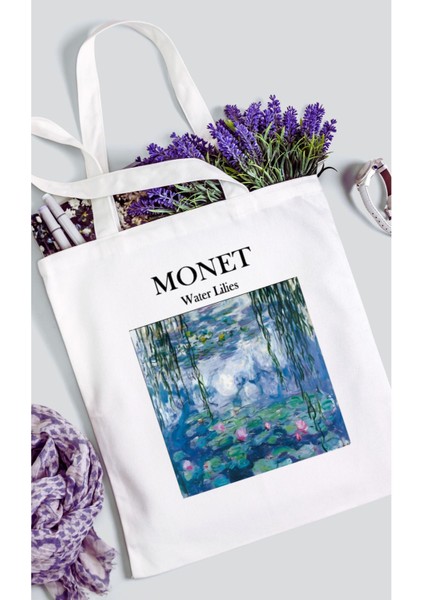 Monet - Zambaklar Baskılı Beyaz Kalın Su Geçirmez Kanvas Omuz Çantası Tote Bag