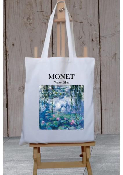 Monet - Zambaklar Baskılı Beyaz Kalın Su Geçirmez Kanvas Omuz Çantası Tote Bag fiyatları
