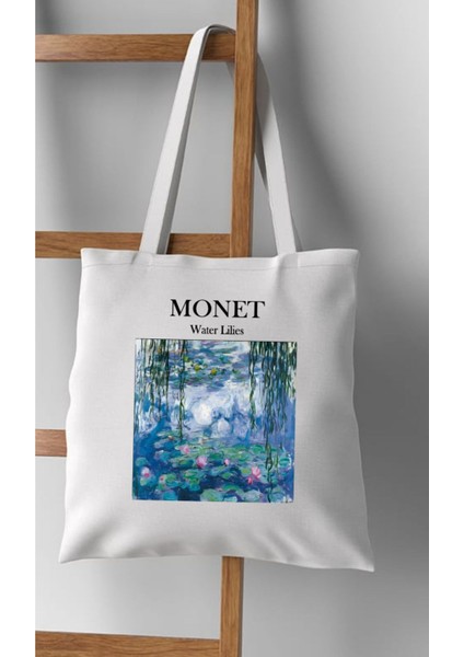 Monet - Zambaklar Baskılı Beyaz Kalın Su Geçirmez Kanvas Omuz Çantası Tote Bag modelleri