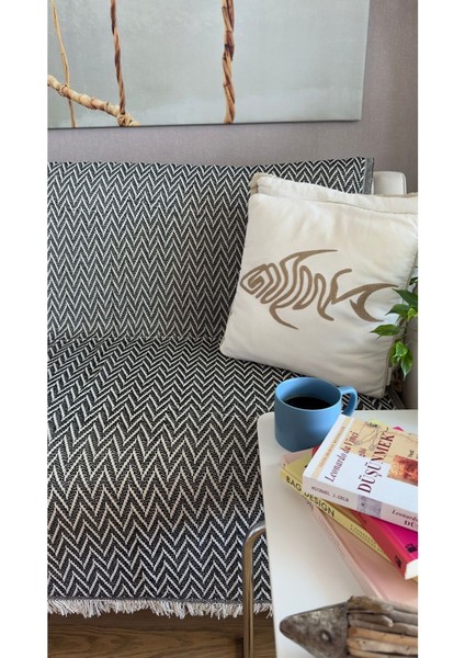 Şık zigzag desenli pamuk koltuk ve kanepe örtüsü, 170x210 cm, siyah renk