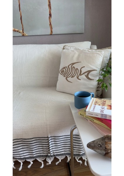 Elmas dokuma krem koltuk ve çekyat örtüsü 180x215, pamuk, şık ve rahat kullanım