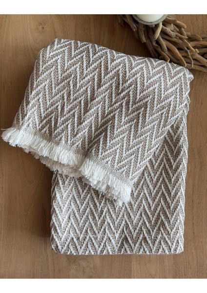 Bej zigzag dokuma koltuk ve çekyat örtüsü, TV battaniyesi, şal 170x210, pamuk
