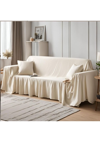 Ekru pamuk keten koltuk örtüsü 170x220, şık ve yumuşak dokusu ile konfor sağlar