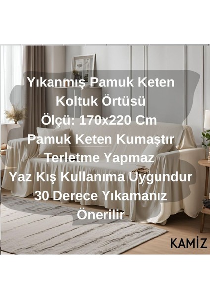 Ekru pamuk keten koltuk örtüsü 170x220, şık ve yumuşak dokusu ile konfor sağlar