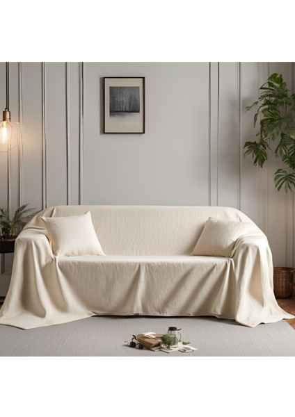 Ekru pamuk keten koltuk örtüsü 170x220, şık ve yumuşak dokusu ile konfor sağlar