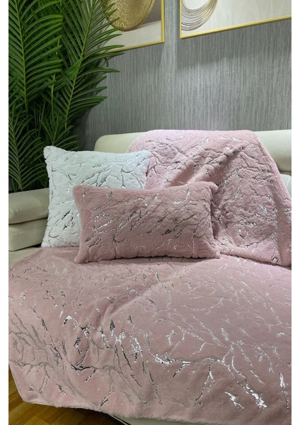 Pembe peluş ve varak detaylı koltuk ve şal seti 100x160, rahat ve şık tasarım